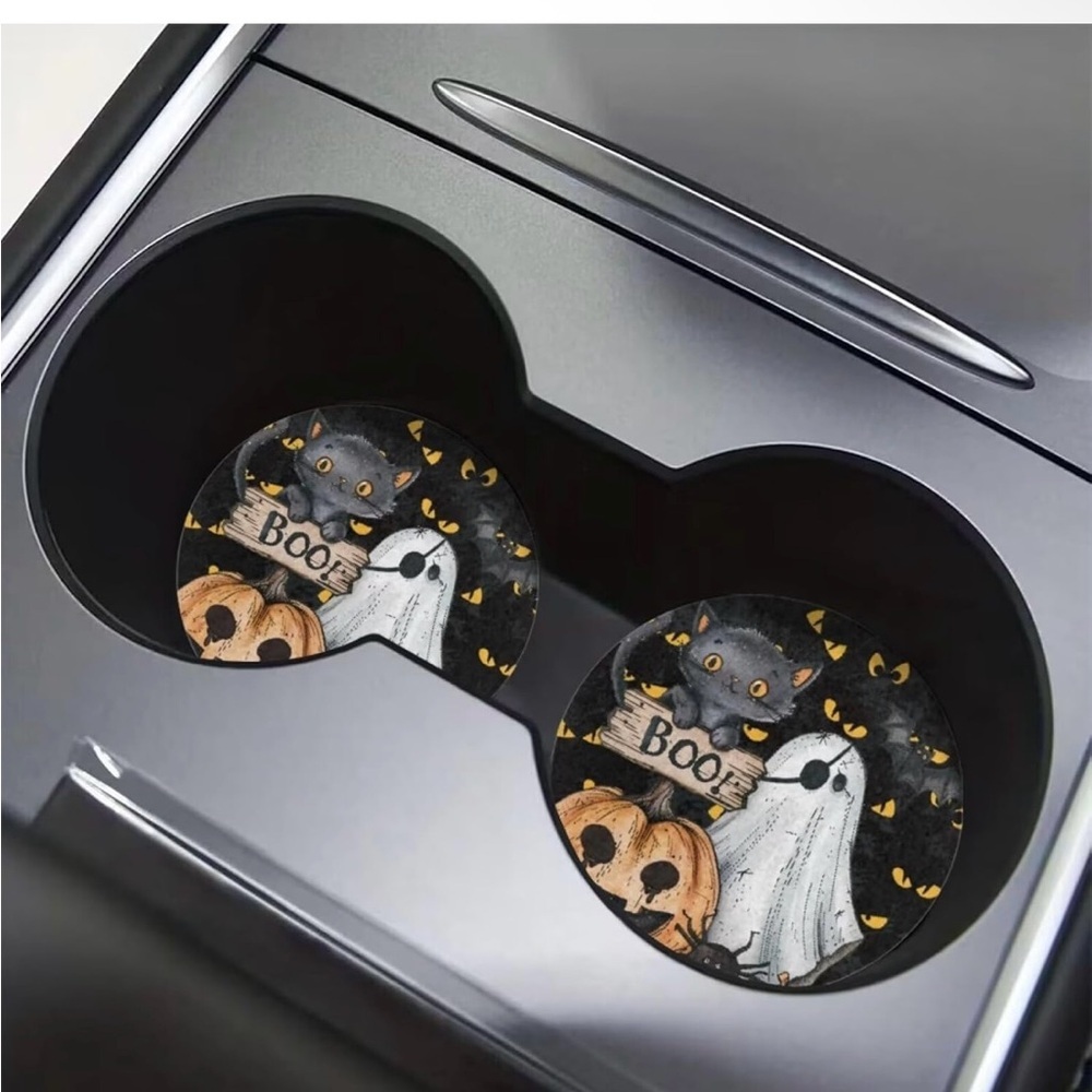 Halloween Car Coasters with Ghost and Cat Design